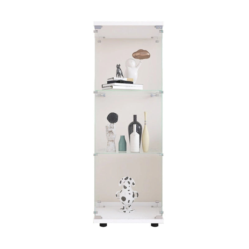 Glass Display Cabinet with 3 Shelves, One-Door Curio Cabinets, White Floor Standing Glass Bookshelf, Quick Installation