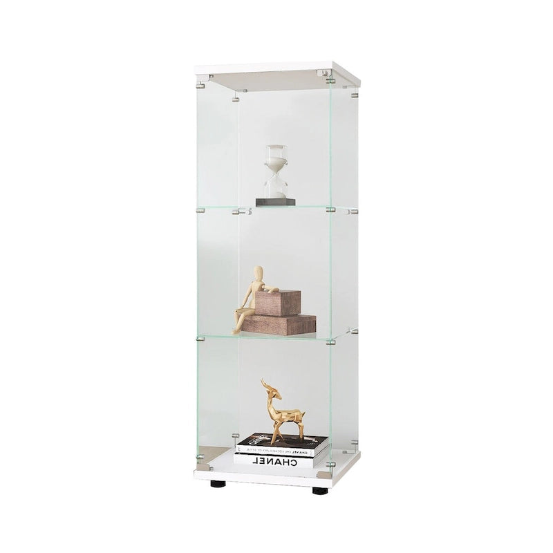 Glass Display Cabinet with 3 Shelves, One-Door Curio Cabinets, White Floor Standing Glass Bookshelf, Quick Installation