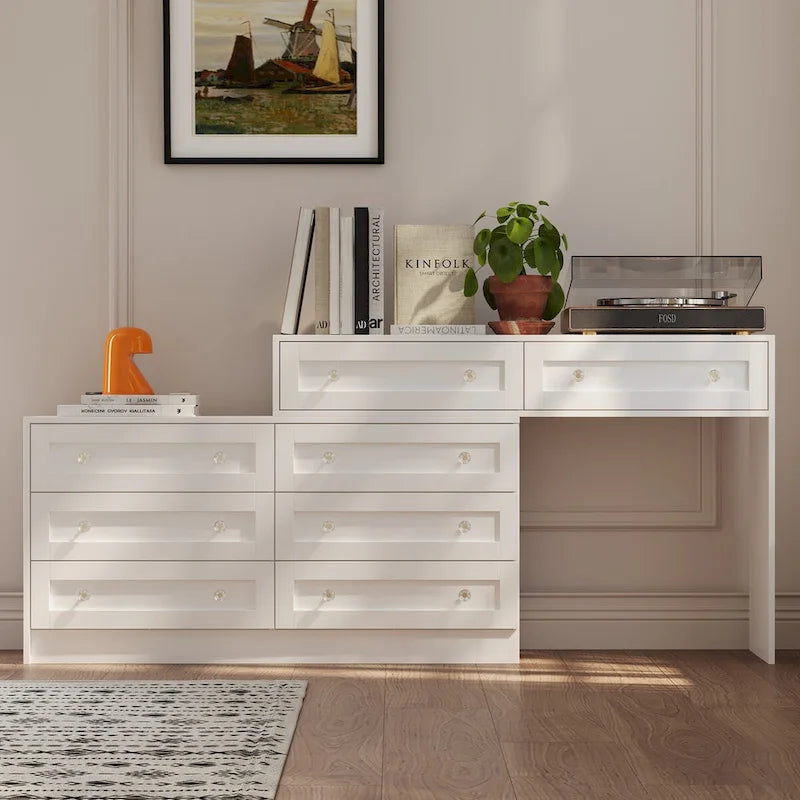 White Dresser and Vanity Versatile Storage Solution Crystal Desk