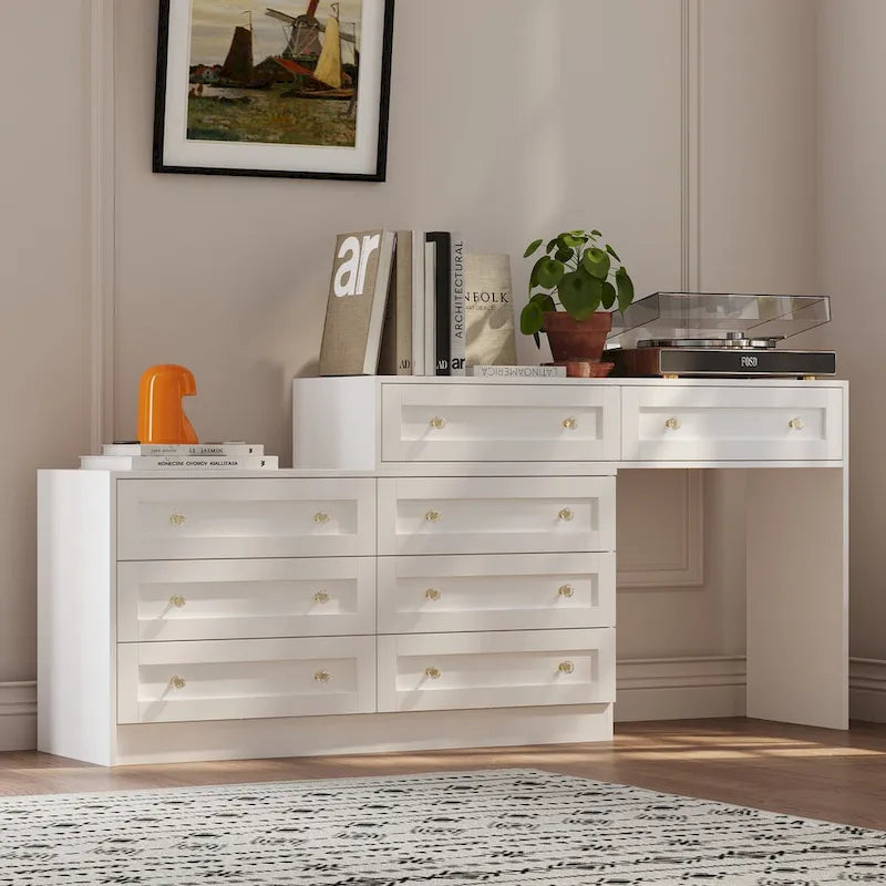 White Dresser and Vanity Versatile Storage Solution Crystal Desk