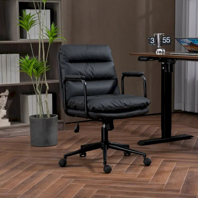 Office Chair,Mid Back Home Office Desk Task Chair with Wheels and Arms Ergonomic PU Leather Computer Rolling Swivel Chair