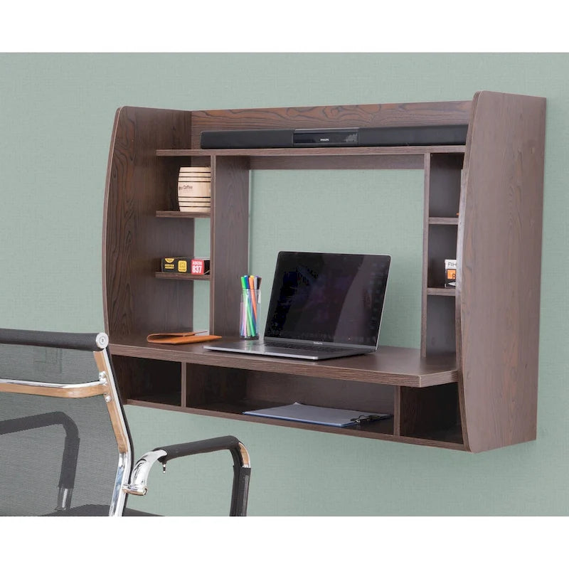 Versatile Wall Mount Floating Computer Desk - Stylish and Space-Saving Writing Study Table with Shelves - Ideal for Living Room