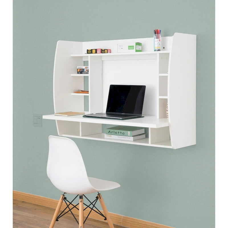Versatile Wall Mount Floating Computer Desk - Stylish and Space-Saving Writing Study Table with Shelves - Ideal for Living Room