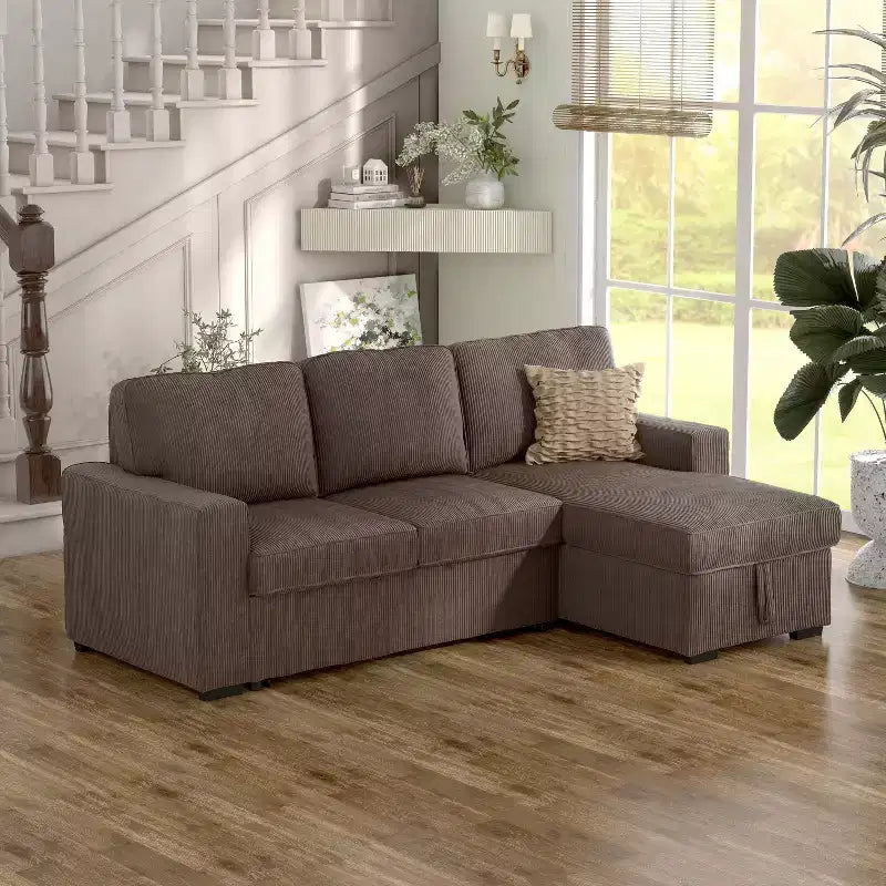 HOMES: Inside + Out Paeke Sleeper Sectional Sofa Corduroy with Storage Chaise and Reversible