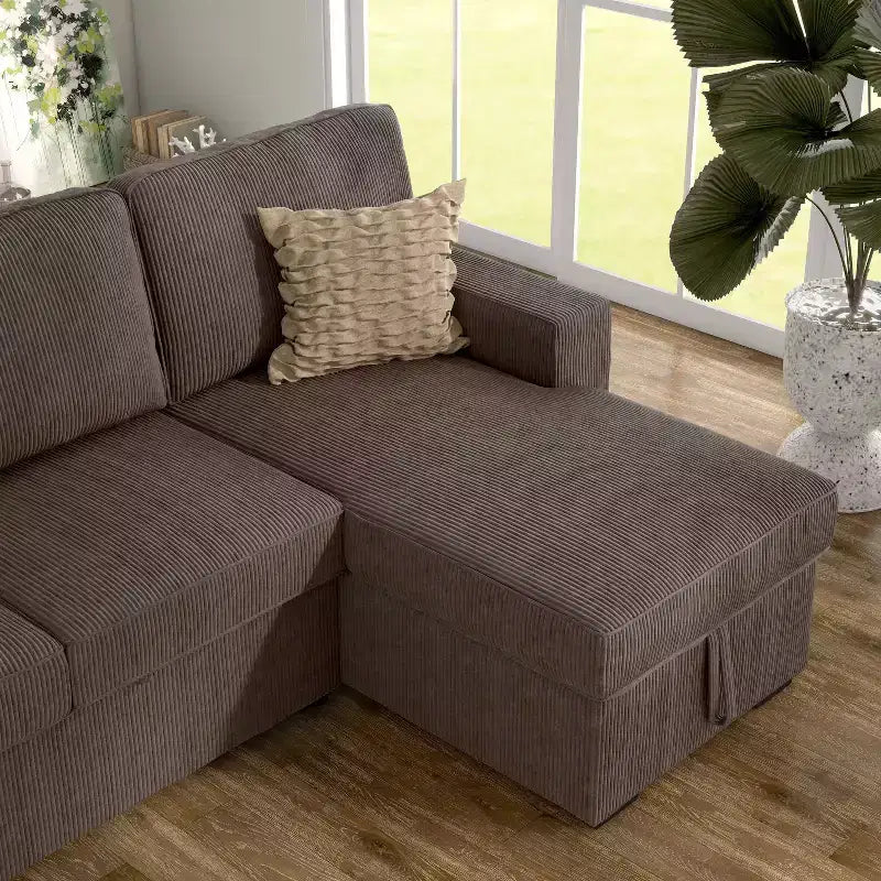 HOMES: Inside + Out Paeke Sleeper Sectional Sofa Corduroy with Storage Chaise and Reversible