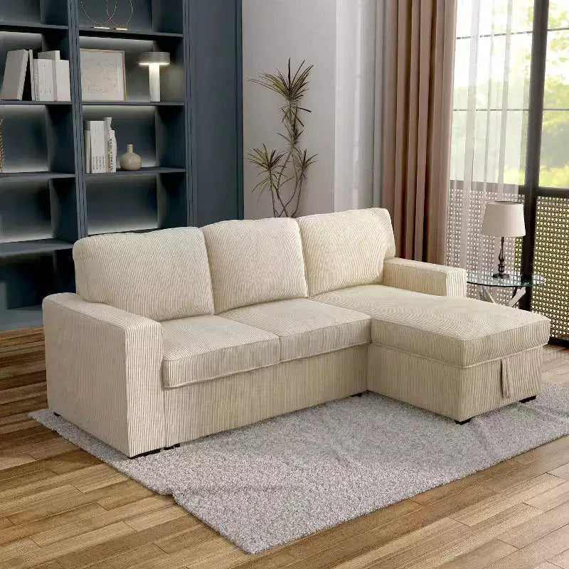 HOMES: Inside + Out Paeke Sleeper Sectional Sofa Corduroy with Storage Chaise and Reversible