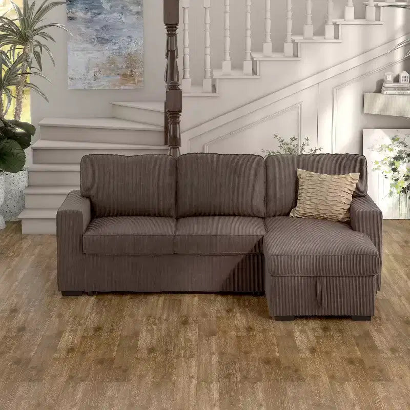 HOMES: Inside + Out Paeke Sleeper Sectional Sofa Corduroy with Storage Chaise and Reversible
