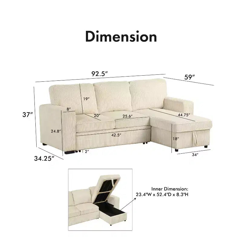 HOMES: Inside + Out Paeke Sleeper Sectional Sofa Corduroy with Storage Chaise and Reversible