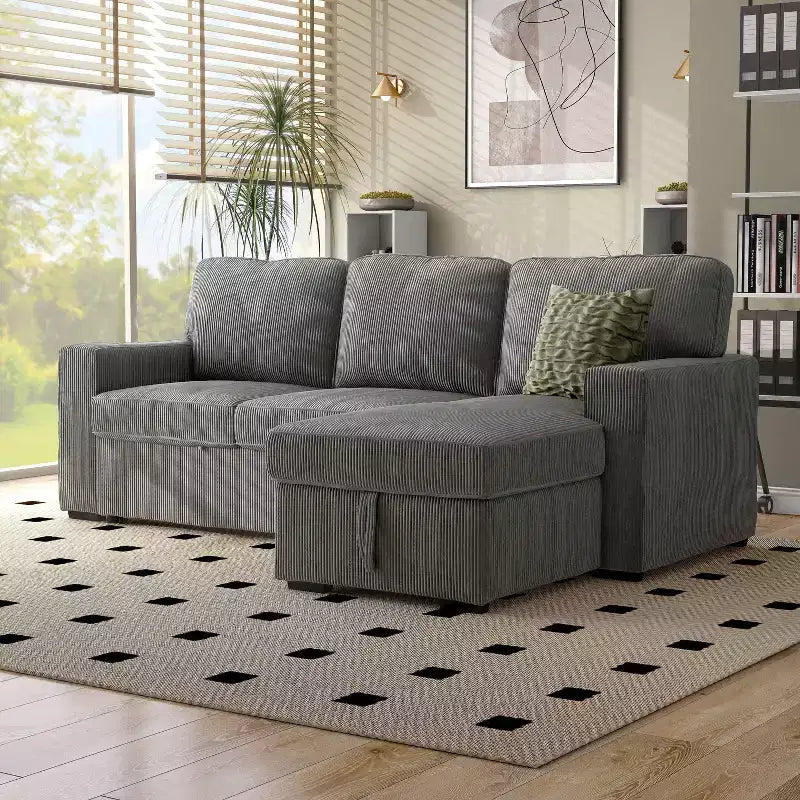 HOMES: Inside + Out Paeke Sleeper Sectional Sofa Corduroy with Storage Chaise and Reversible