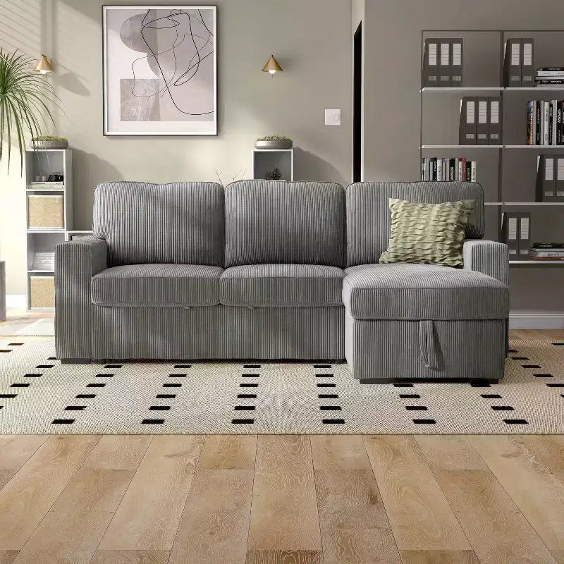HOMES: Inside + Out Paeke Sleeper Sectional Sofa Corduroy with Storage Chaise and Reversible