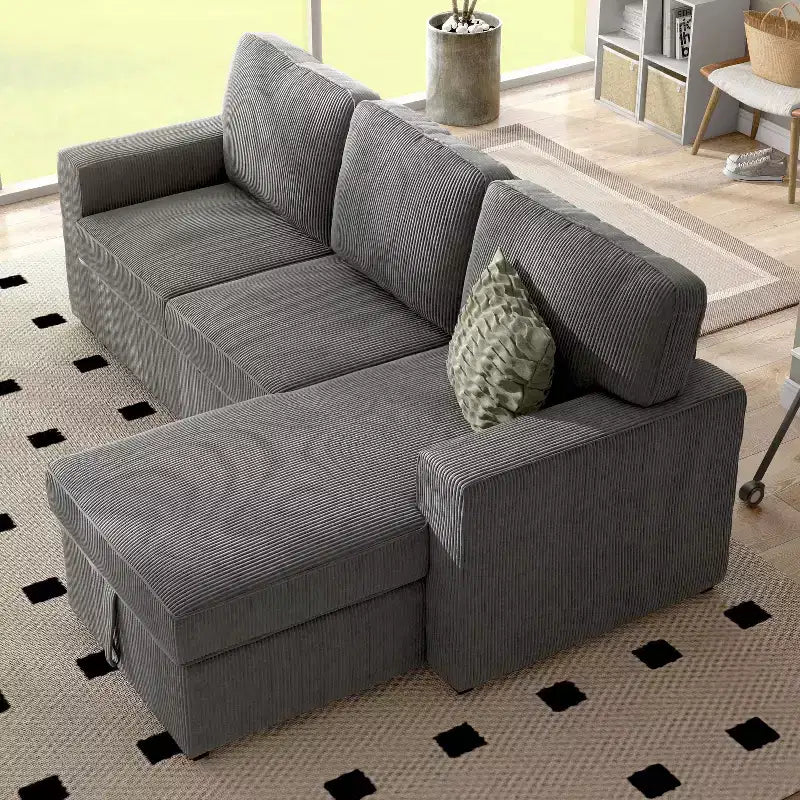 HOMES: Inside + Out Paeke Sleeper Sectional Sofa Corduroy with Storage Chaise and Reversible