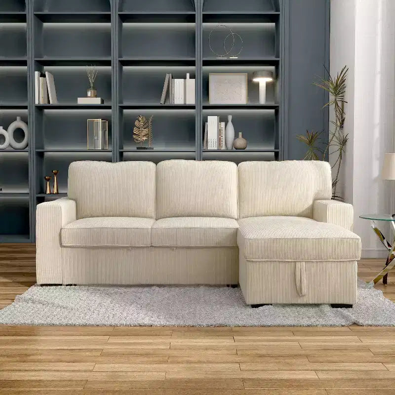 HOMES: Inside + Out Paeke Sleeper Sectional Sofa Corduroy with Storage Chaise and Reversible