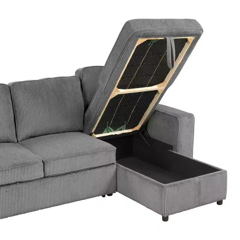 HOMES: Inside + Out Paeke Sleeper Sectional Sofa Corduroy with Storage Chaise and Reversible