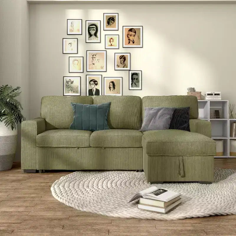HOMES: Inside + Out Paeke Sleeper Sectional Sofa Corduroy with Storage Chaise and Reversible