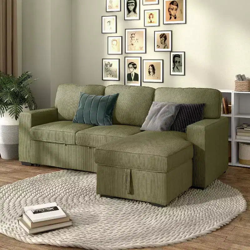 HOMES: Inside + Out Paeke Sleeper Sectional Sofa Corduroy with Storage Chaise and Reversible