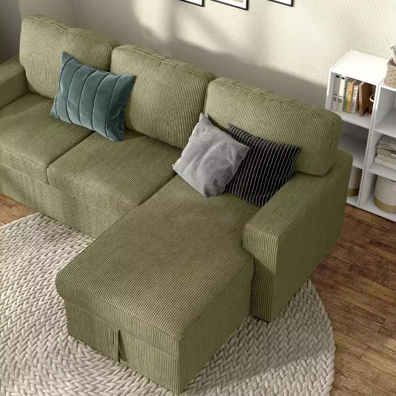 HOMES: Inside + Out Paeke Sleeper Sectional Sofa Corduroy with Storage Chaise and Reversible