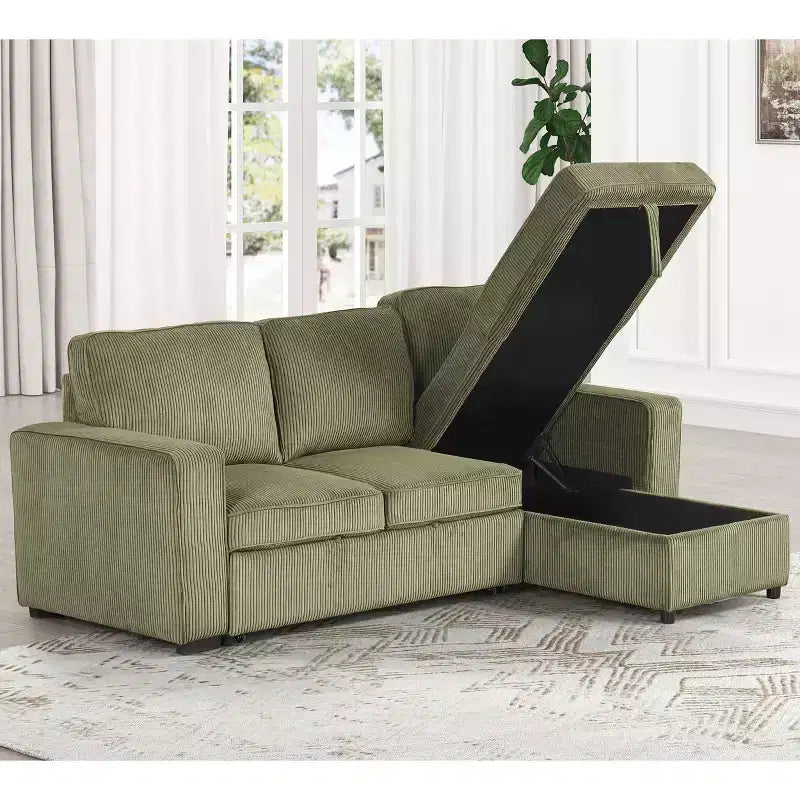 HOMES: Inside + Out Paeke Sleeper Sectional Sofa Corduroy with Storage Chaise and Reversible
