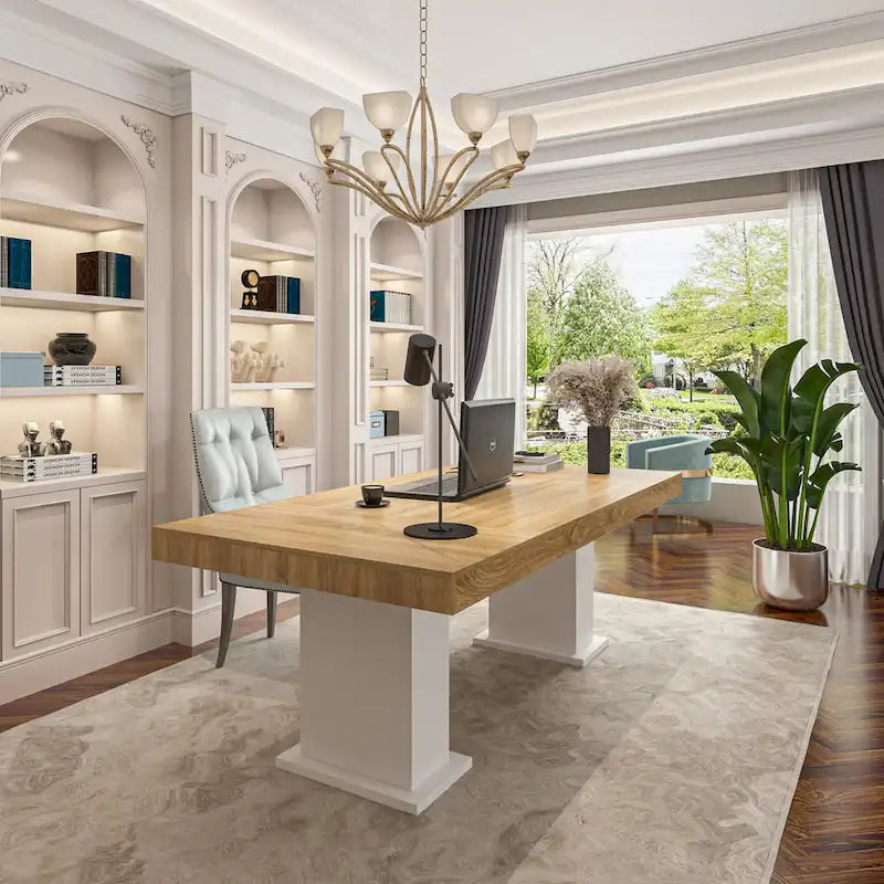 Wooden Conference Table with White Base Meeting Table Computer Desk