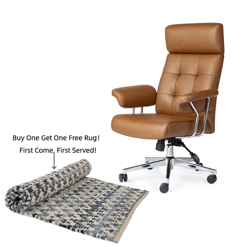 Glitzhome Mid-Century Modern Brown Leatherette Gaslift Adjustable Swivel High Back Office Chair with Armrest