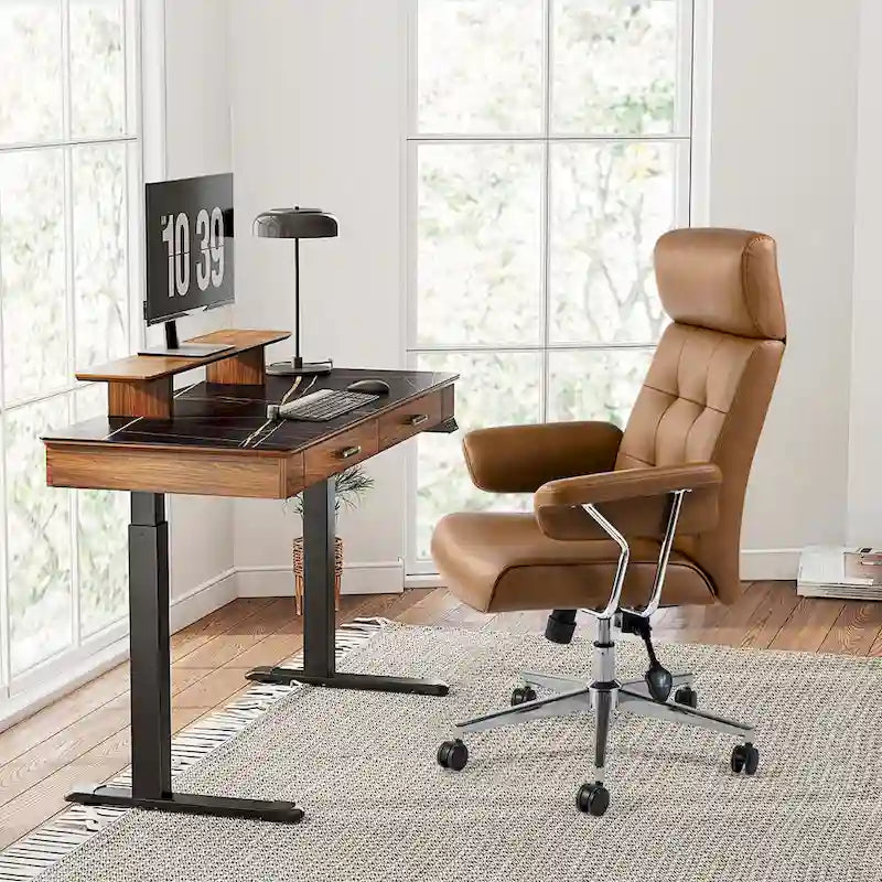 Glitzhome Mid-Century Modern Brown Leatherette Gaslift Adjustable Swivel High Back Office Chair with Armrest