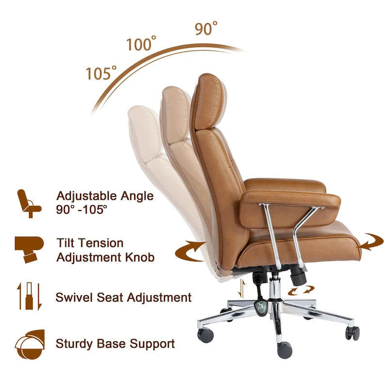 Glitzhome Mid-Century Modern Brown Leatherette Gaslift Adjustable Swivel High Back Office Chair with Armrest
