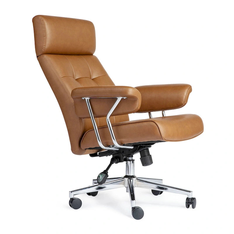Glitzhome Mid-Century Modern Brown Leatherette Gaslift Adjustable Swivel High Back Office Chair with Armrest