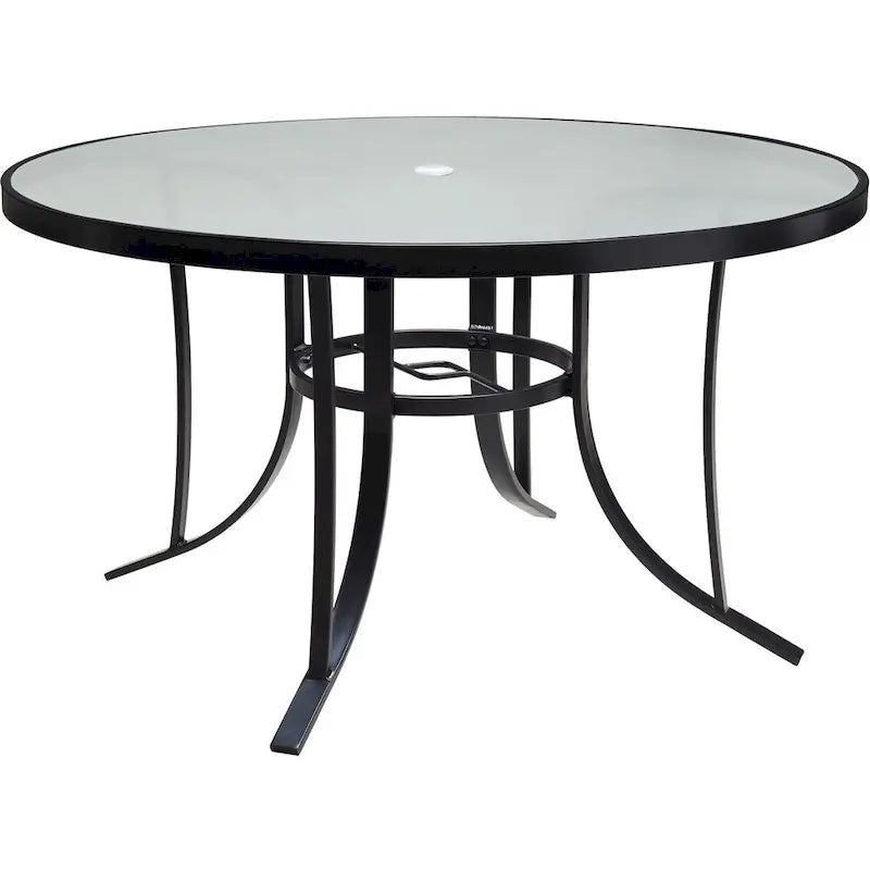 Hanover Lavallette 5-Piece Dining Set in Ocean Blue with 4 Stationary Chairs, 52-In. Round Glass-Top Table, Umbrella, and Base
