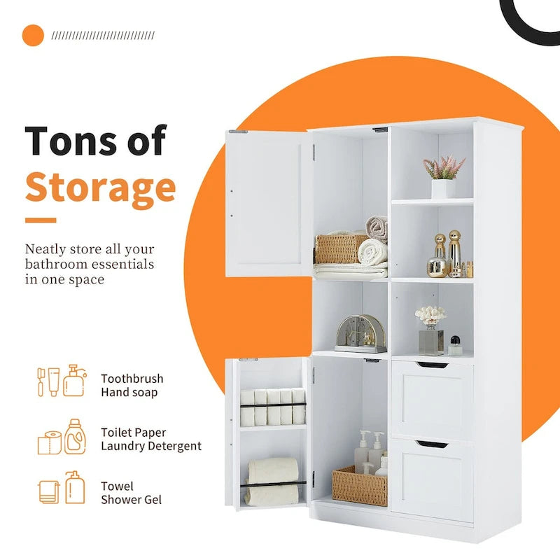 Bathroom Storage Cabinet with Doors and Drawers, Open Shelve, Adjustable Shelf