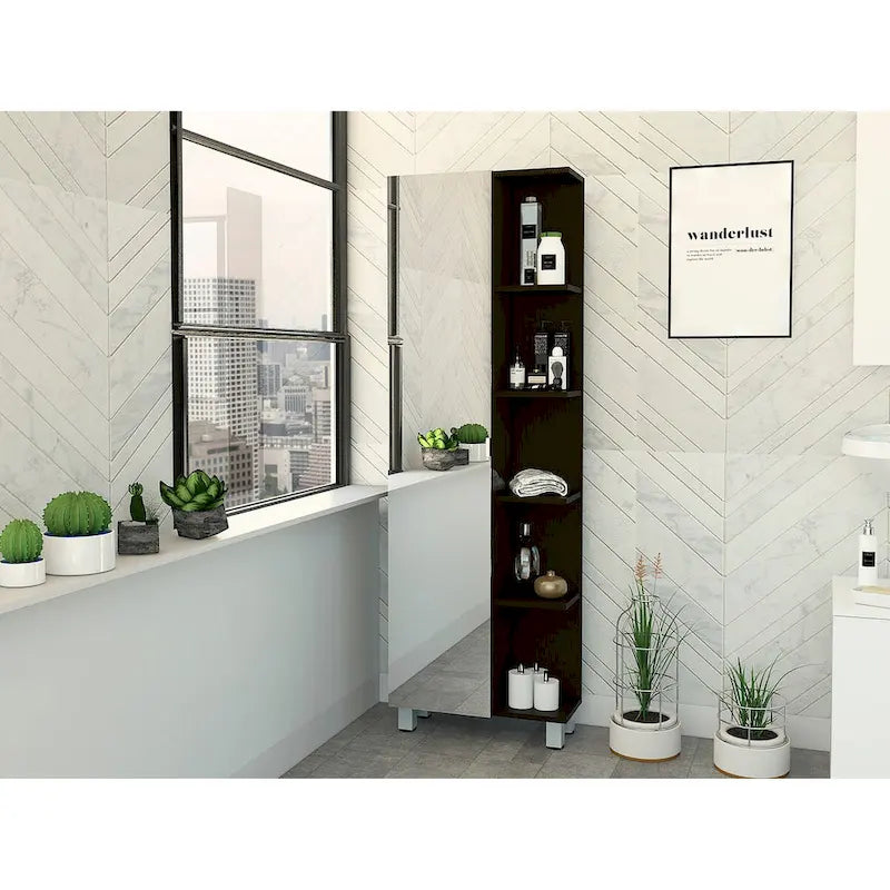 Mirror Linen Cabinet Reno,Four Interior Shelves, Black Wengue Finish
