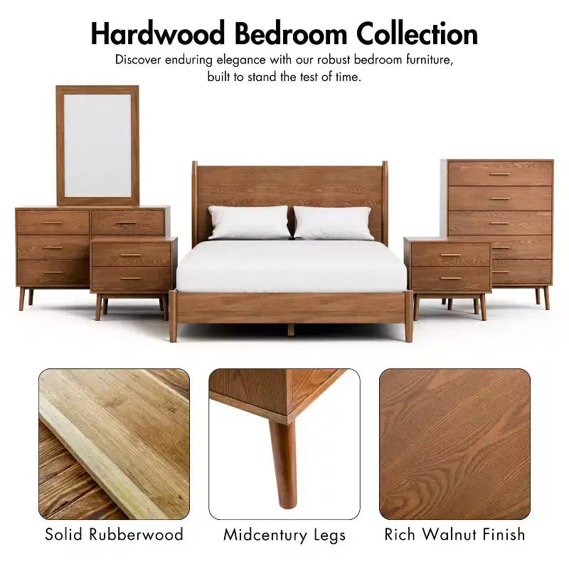 HOMES: Inside + Out 3pc Riverstone Mid-Century Modern Boucle Bedroom Set with 2 Nightstands Walnut