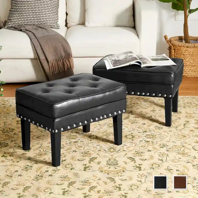 Glitzhome Set of 2 22 W Leatherette Button-tufted Foot Stools Ottomans