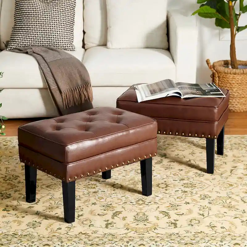 Glitzhome Set of 2 22 W Leatherette Button-tufted Foot Stools Ottomans
