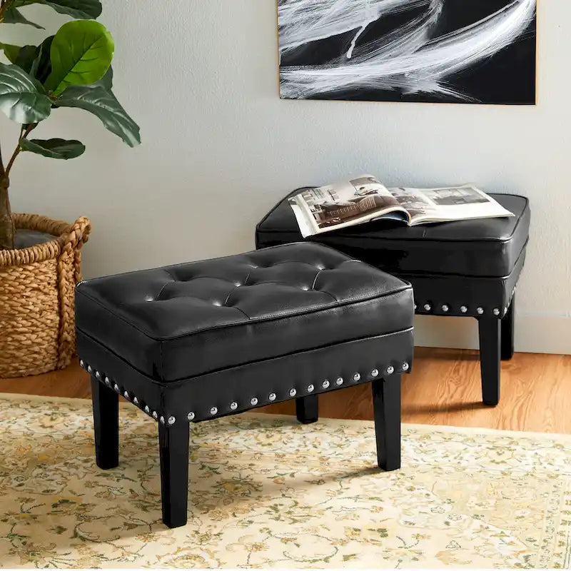 Glitzhome Set of 2 22 W Leatherette Button-tufted Foot Stools Ottomans