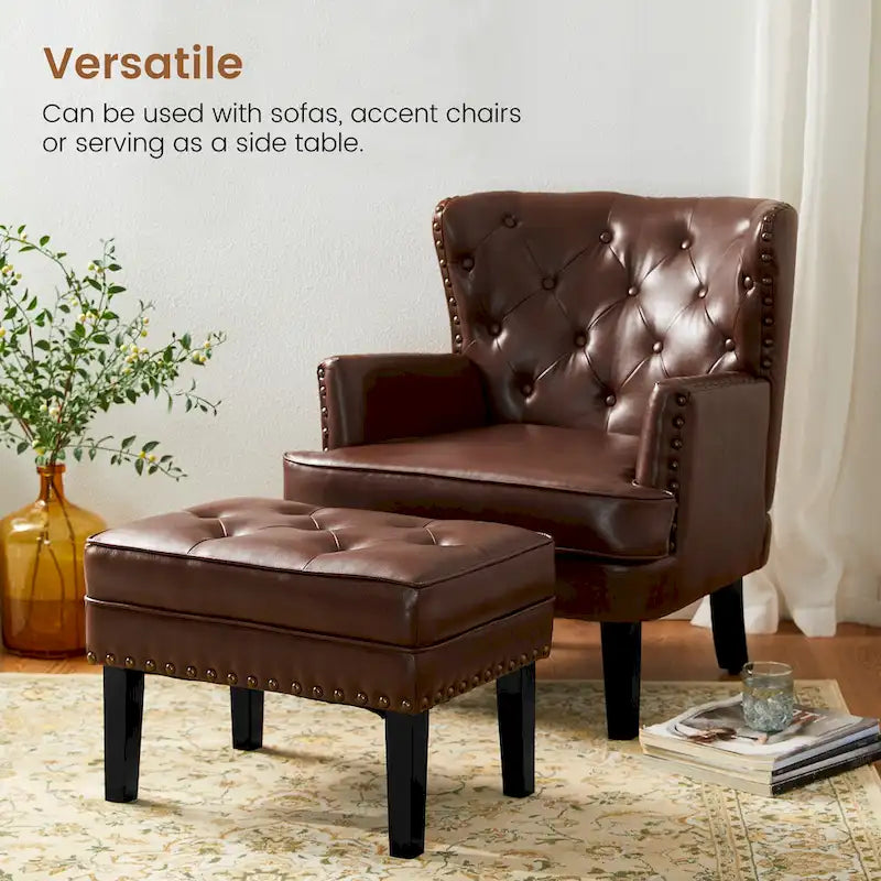 Glitzhome Set of 2 22 W Leatherette Button-tufted Foot Stools Ottomans