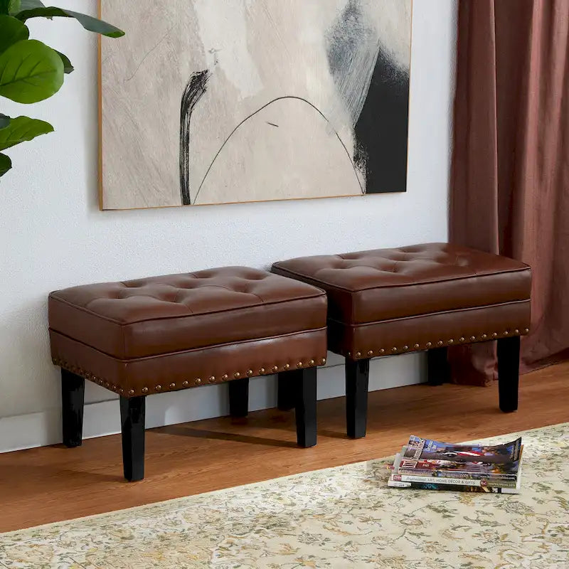 Glitzhome Set of 2 22 W Leatherette Button-tufted Foot Stools Ottomans