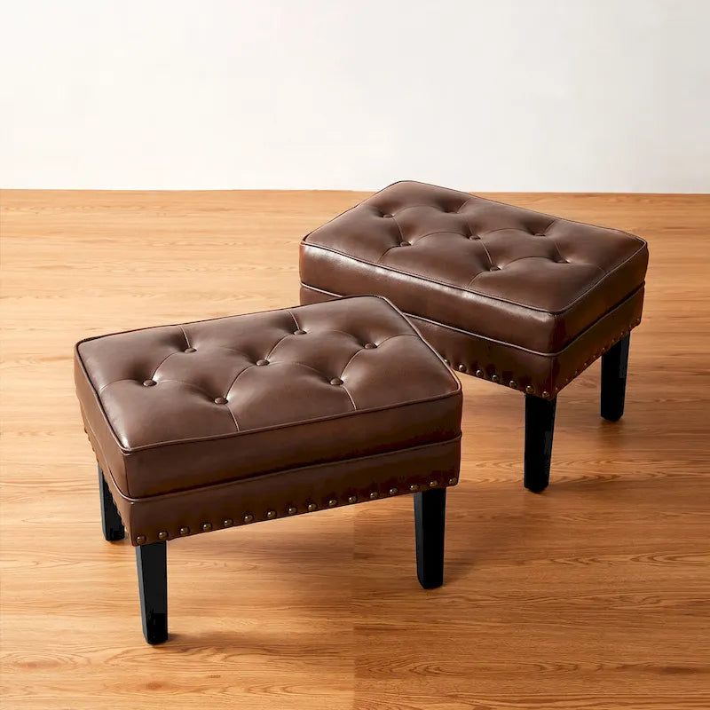 Glitzhome Set of 2 22 W Leatherette Button-tufted Foot Stools Ottomans