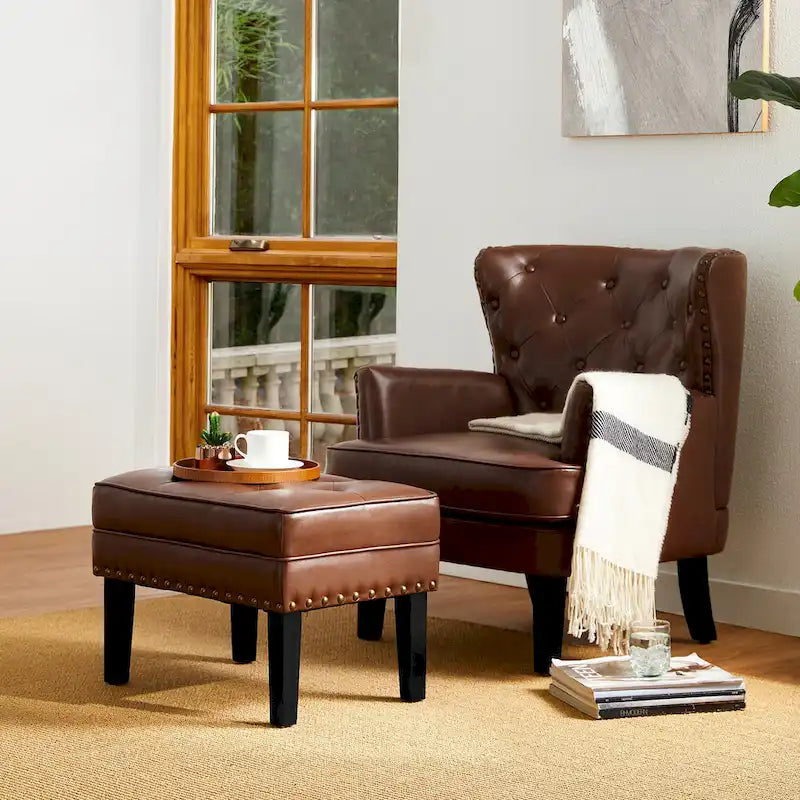 Glitzhome Set of 2 22 W Leatherette Button-tufted Foot Stools Ottomans