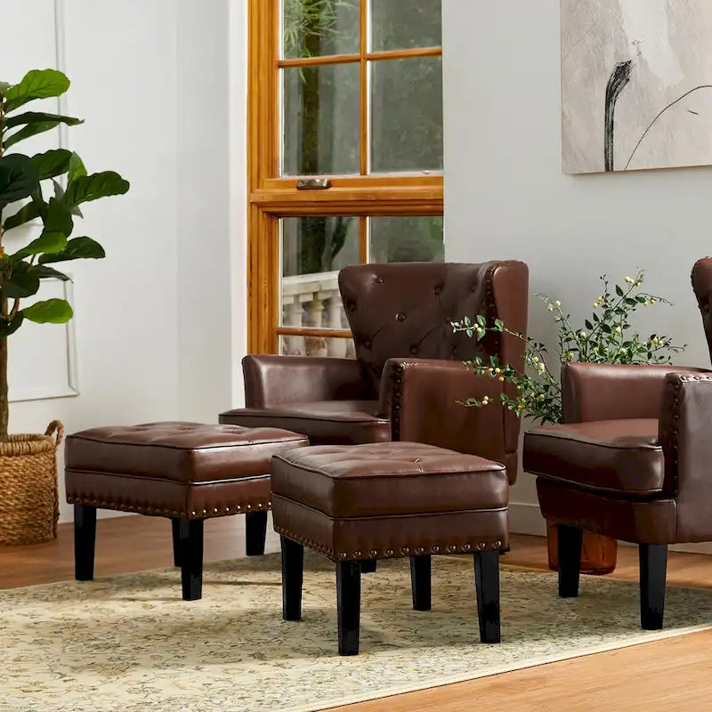 Glitzhome Set of 2 22 W Leatherette Button-tufted Foot Stools Ottomans