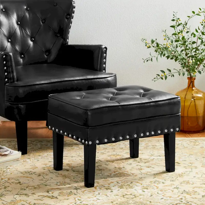 Glitzhome Set of 2 22 W Leatherette Button-tufted Foot Stools Ottomans