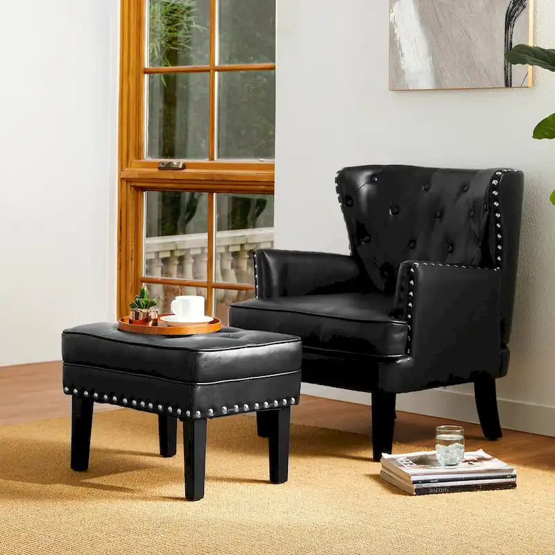 Glitzhome Set of 2 22 W Leatherette Button-tufted Foot Stools Ottomans