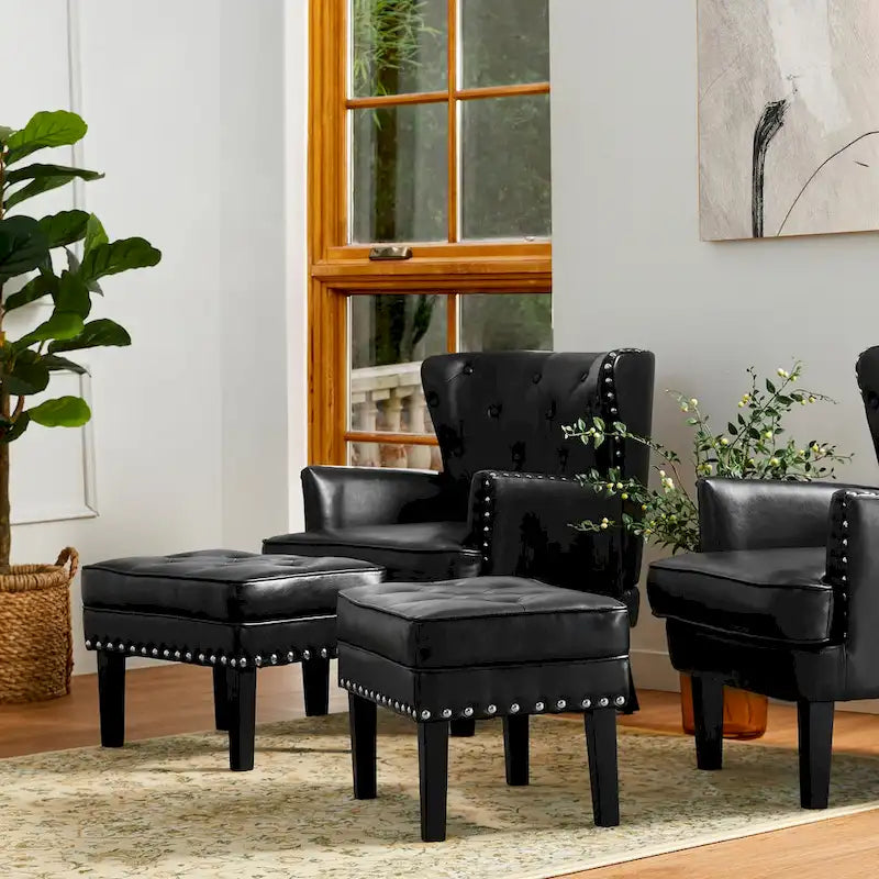Glitzhome Set of 2 22 W Leatherette Button-tufted Foot Stools Ottomans