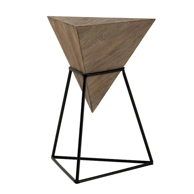 COZAYH Modern Geometric End Table with Wooden Top and Metal Base, Unique Pyramid Side Table Plant Stand for Office, Triangle