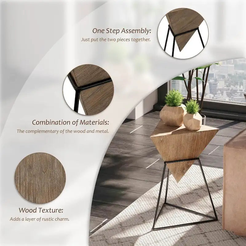 COZAYH Modern Geometric End Table with Wooden Top and Metal Base, Unique Pyramid Side Table Plant Stand for Office, Triangle