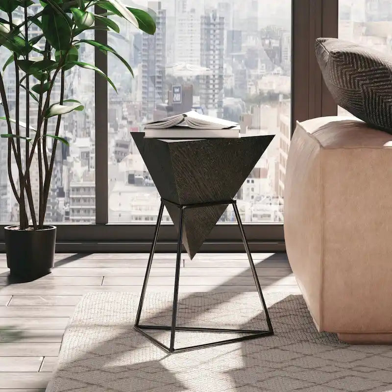 COZAYH Modern Geometric End Table with Wooden Top and Metal Base, Unique Pyramid Side Table Plant Stand for Office, Triangle