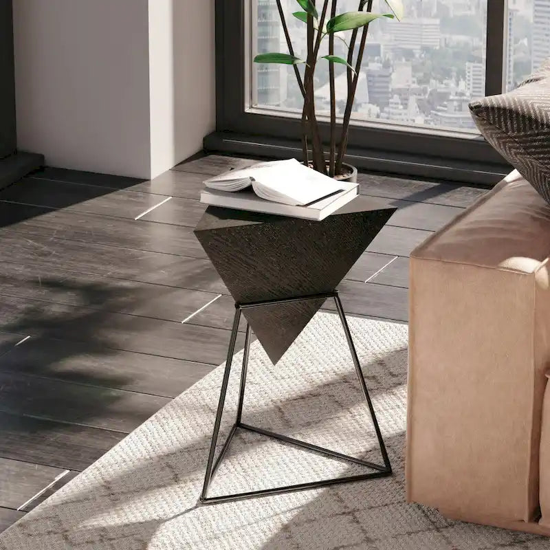 COZAYH Modern Geometric End Table with Wooden Top and Metal Base, Unique Pyramid Side Table Plant Stand for Office, Triangle
