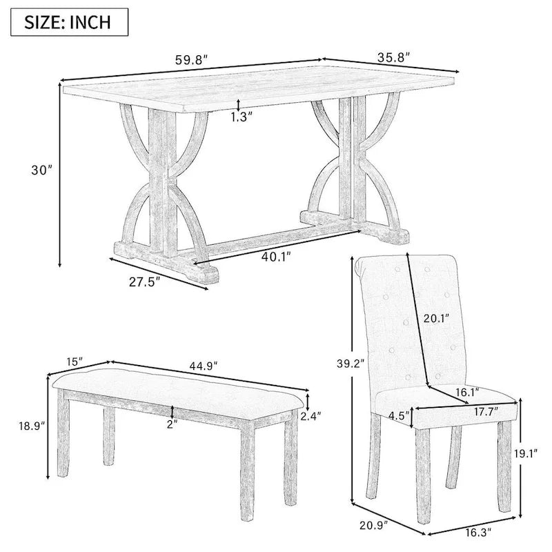 6 PCS Retro Rectangular Dining Table Set for 6