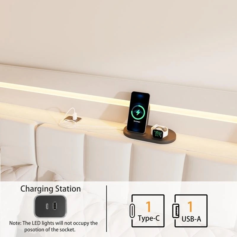 King Size Upholstered Floating Platform Bed with LED Light and Charging Station