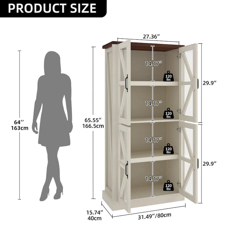 Moasis 66 Tall Freestanding Kitchen Pantry Cabinet with Glass Doors