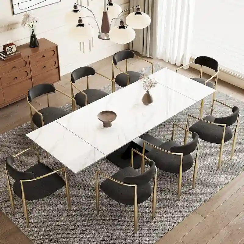 9 - Piece 94.48  Modern Minimalist Extendable Sintered Stone Top Dining Set with 8 Fabric Chairs