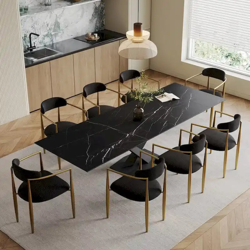 9 - Piece 94.48  Modern Minimalist Extendable Sintered Stone Top Dining Set with 8 Fabric Chairs